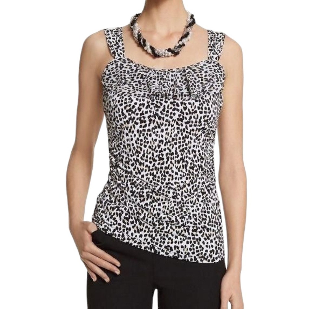 White House Black Market Women's XL Black White Leopard Ruffle Tank Top